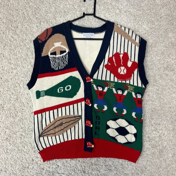 Vtg Sweater Loft Vest Medium Button Down Sports Football Basketball Cheer Soccer - Picture 1 of 10